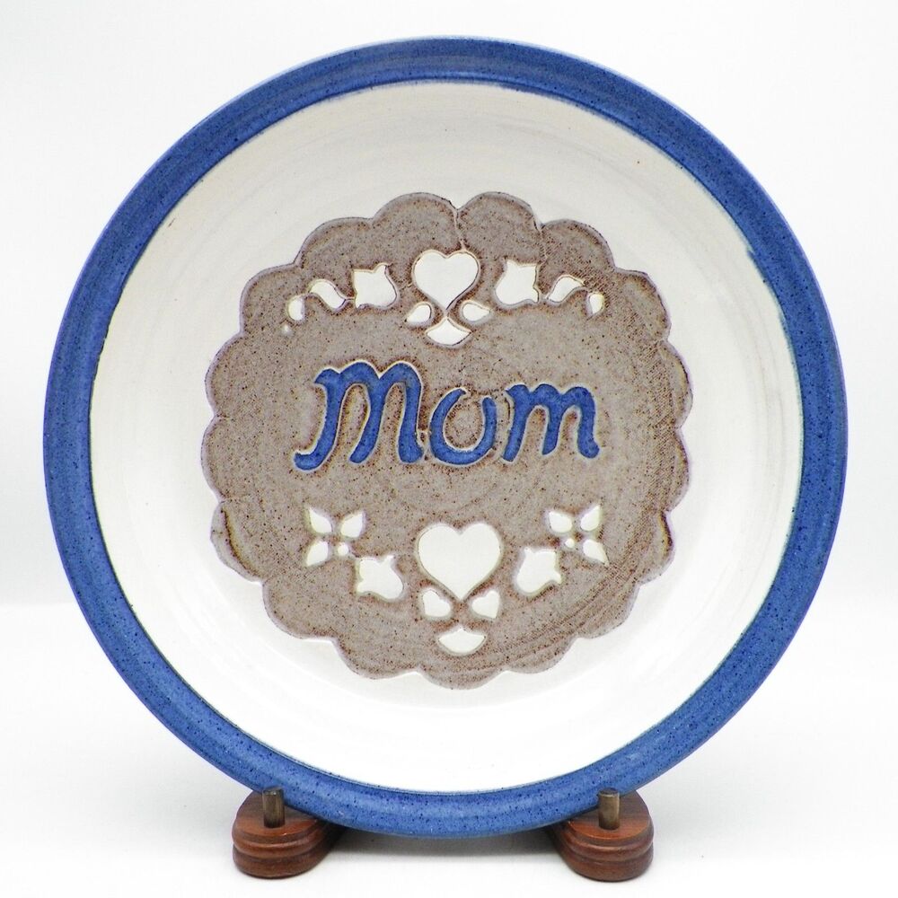Mom Mum Heart Handcrafted Ceramic Art Signed CCP Pie Dish Plate 10" Blue Rim